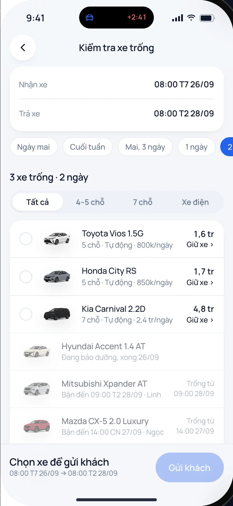 Kiểm tra xe trống theo ngày giờ