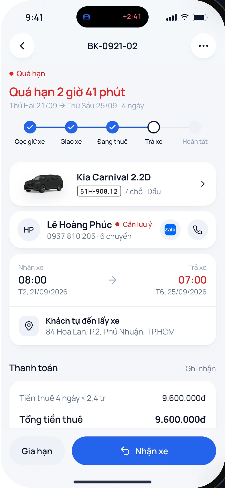Chi tiết chuyến quá hạn và thanh toán