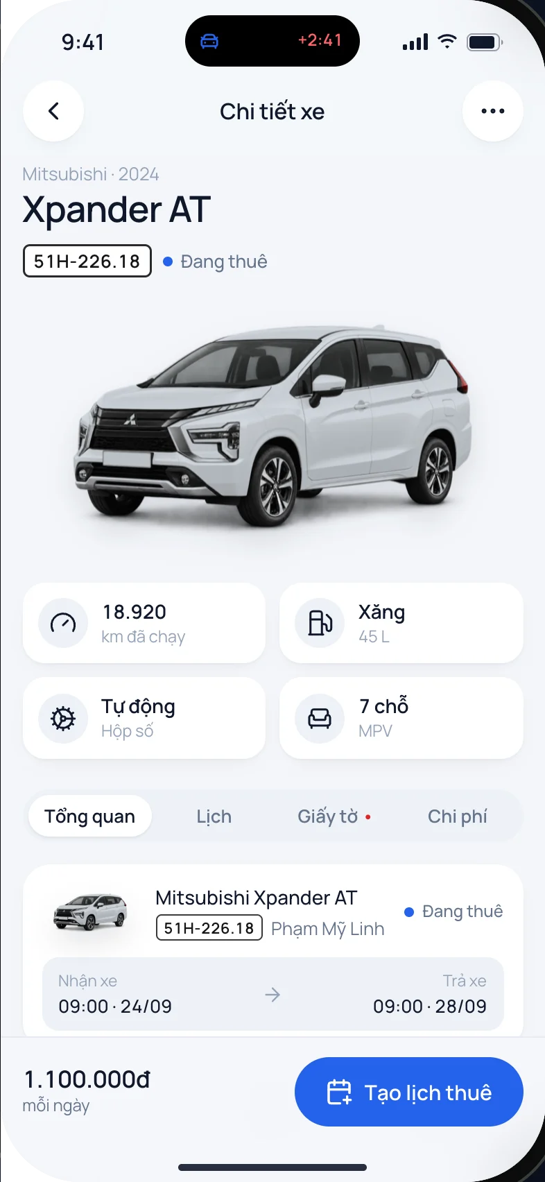 Chi tiết xe: thông số, lịch, giấy tờ