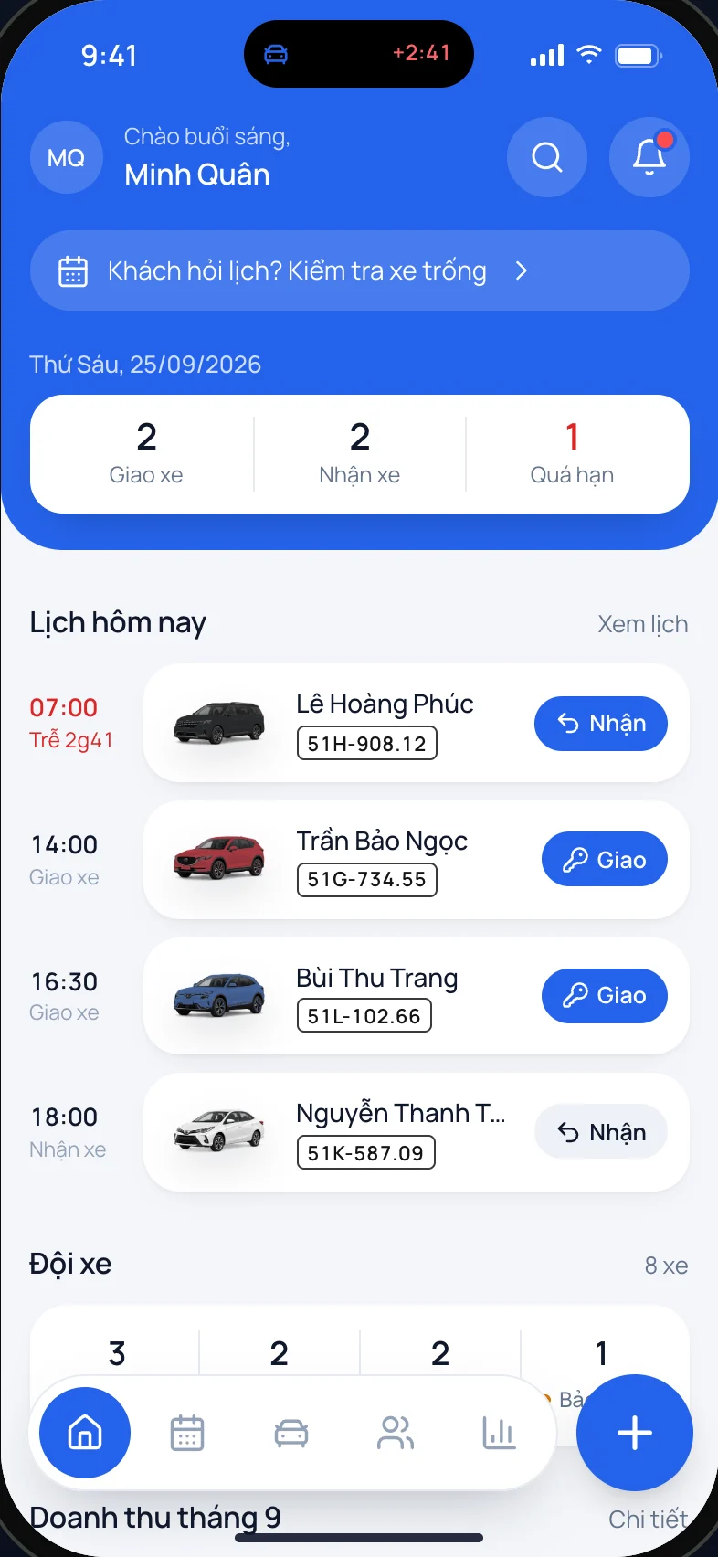 Màn Tổng quan: lịch giao nhận hôm nay, đội xe, doanh thu tháng