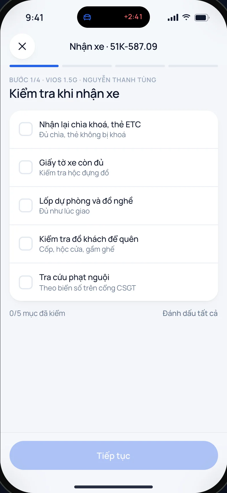Kiểm tra khi nhận xe